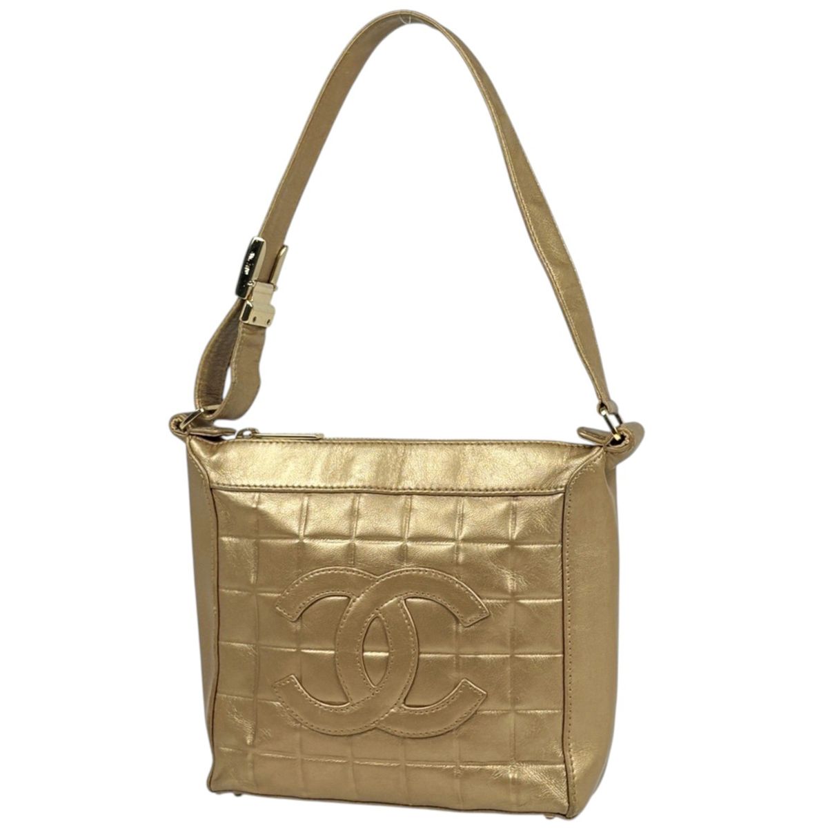 Chanel Shoulder Bag CC Logo Choco Bar Leather Gold