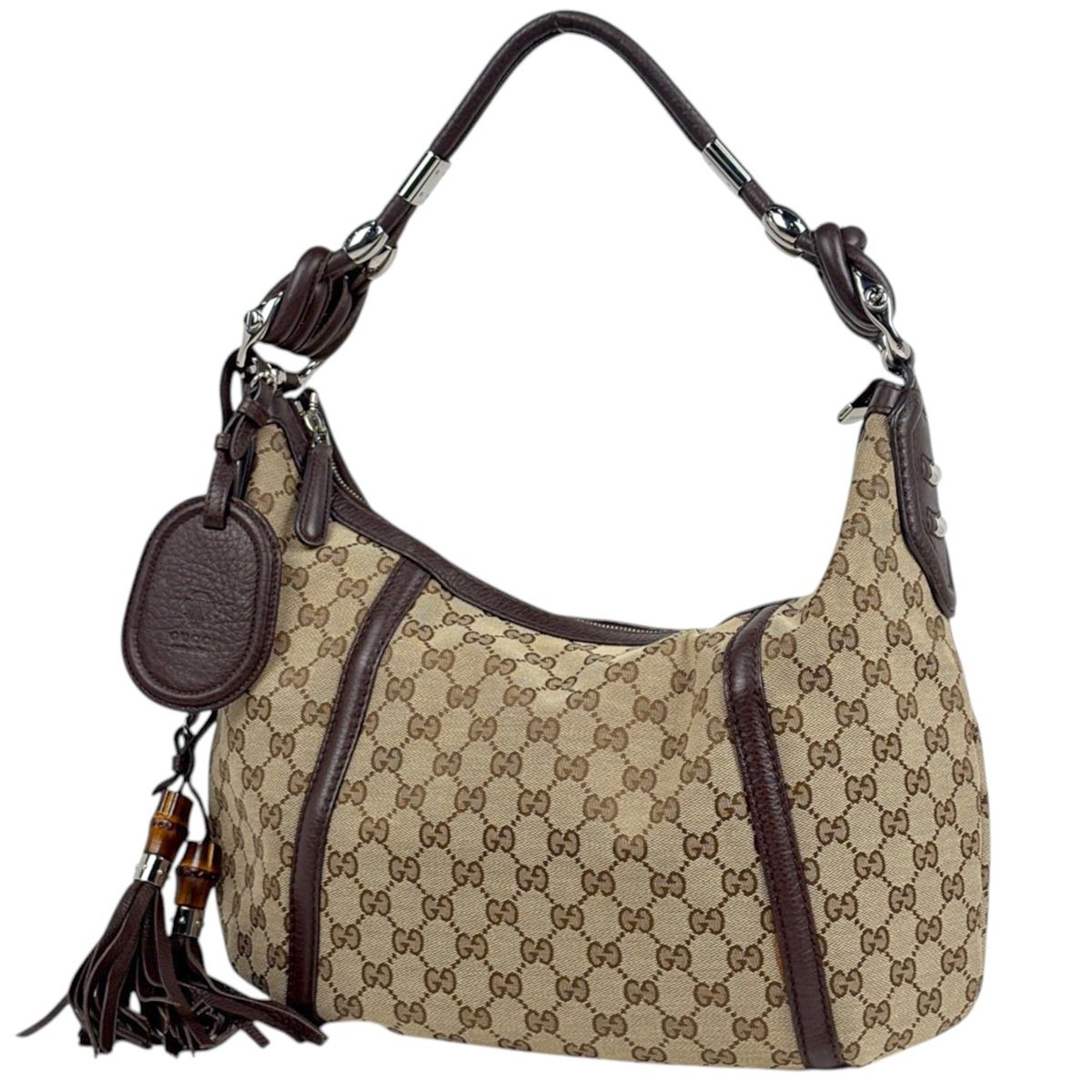Gucci Shoulder Bag GG Pattern Bamboo Canvas Brown