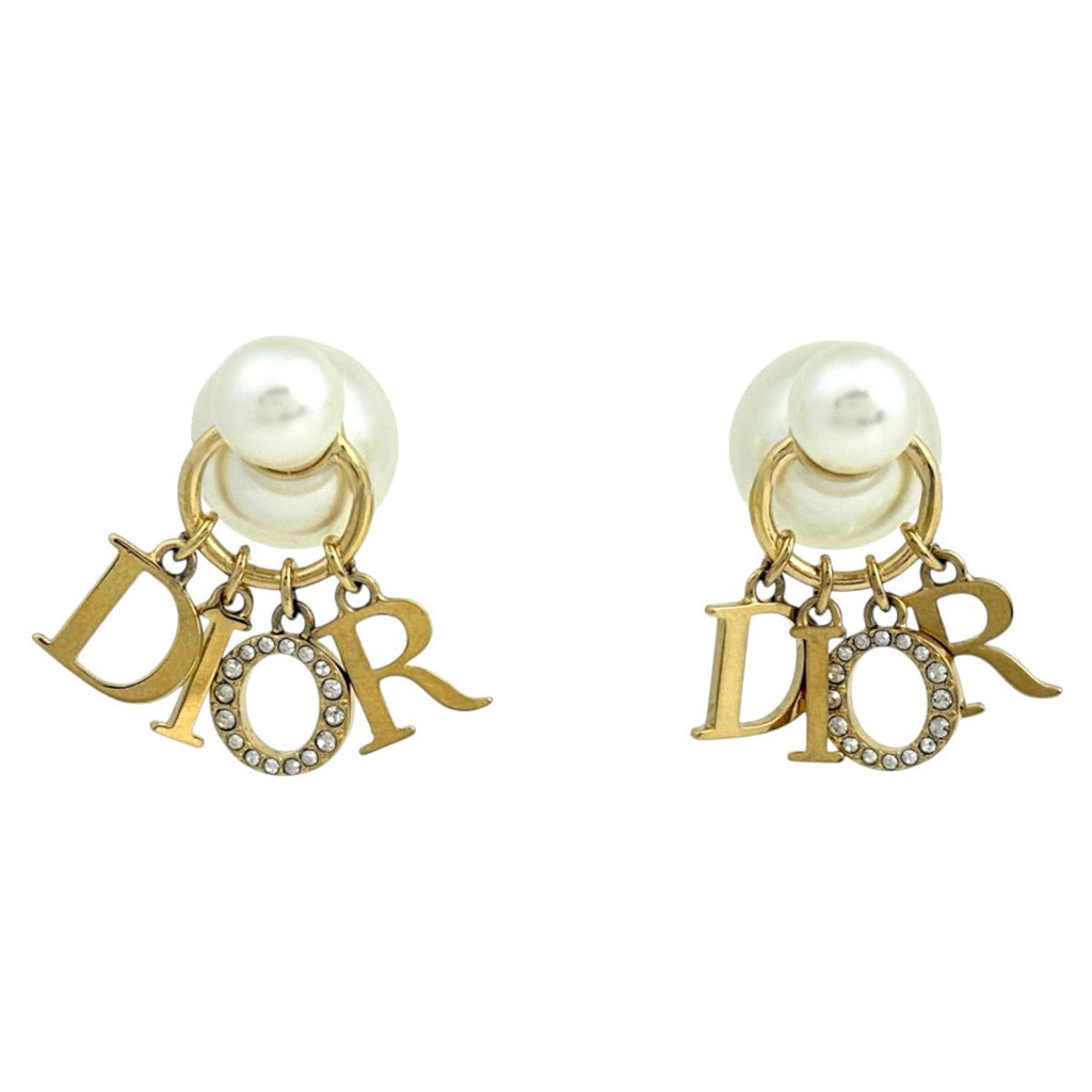 Dior Earrings Faux Pearl Line Stone Gold