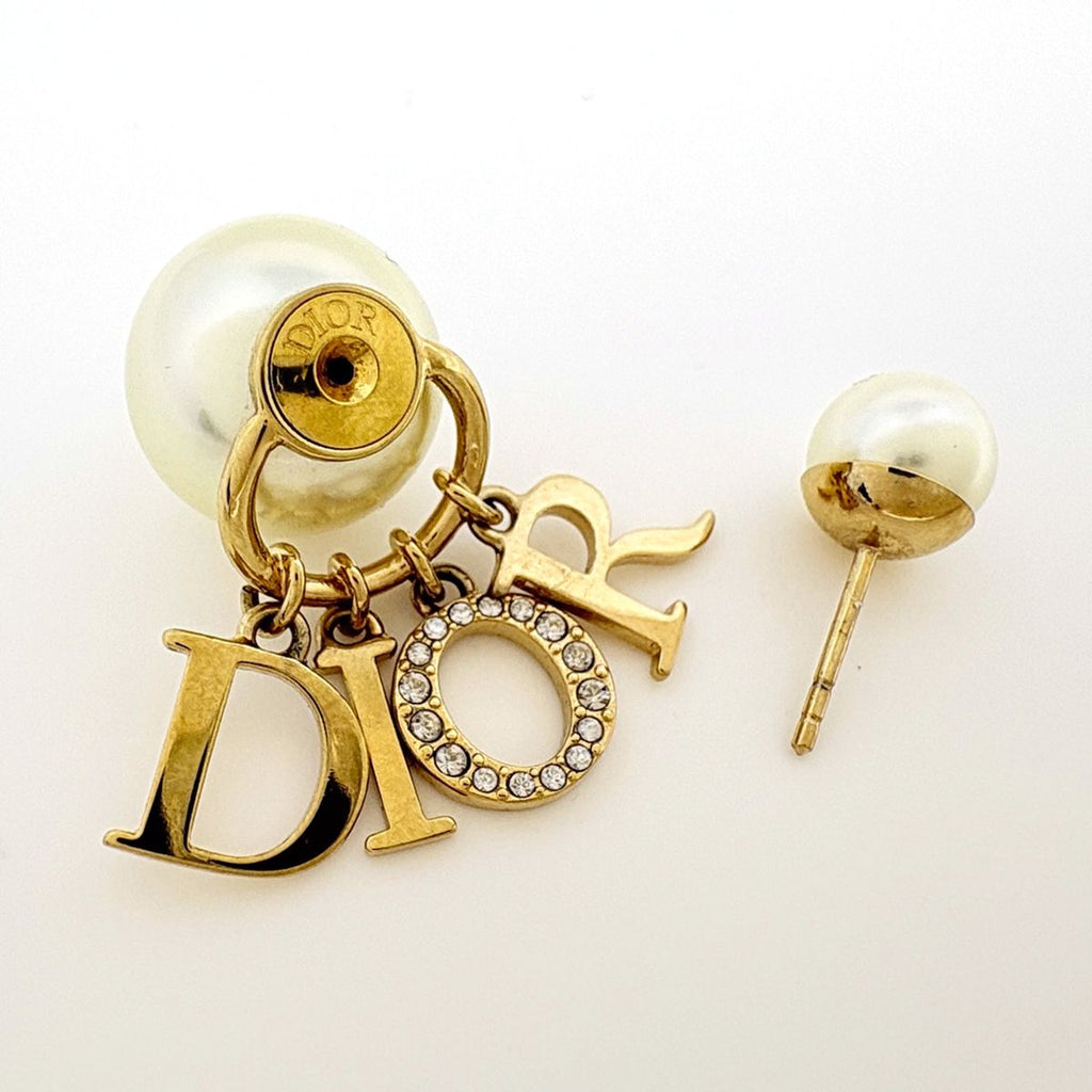 Dior Earrings Faux Pearl Line Stone Gold — view 3