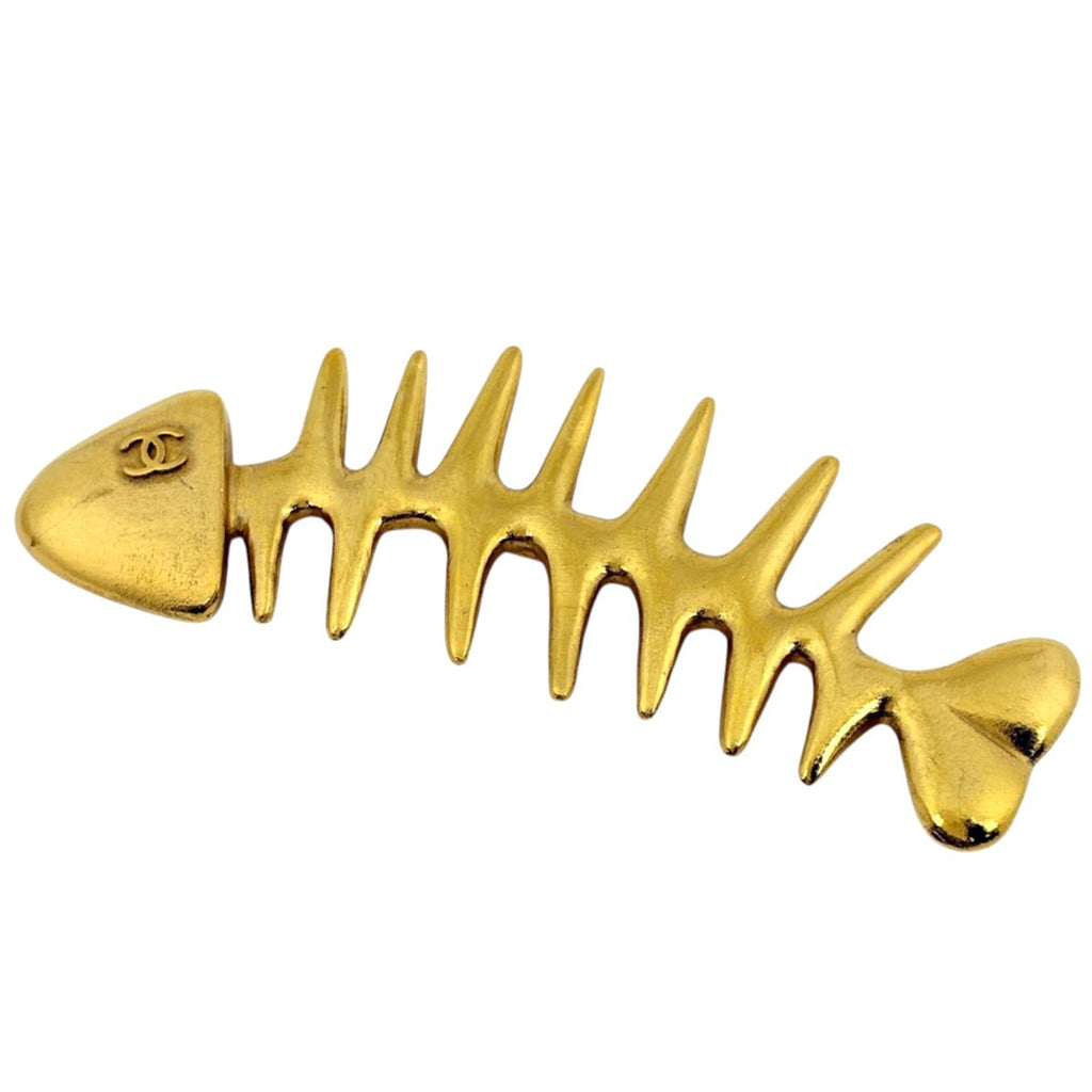 Chanel Brooch Vintage Fishbone CC Logo Gold Plated