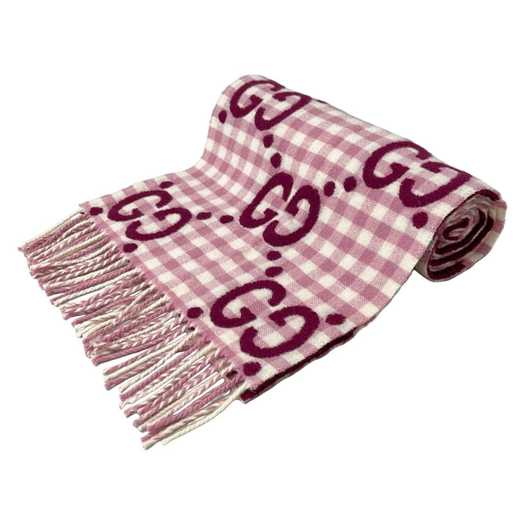 Gucci Shawl Light Pink Ivory Bordeaux Plaid GG Pattern Wool Scarf