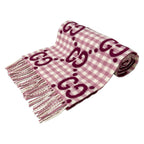 Gucci Shawl Light Pink Ivory Bordeaux Plaid GG Pattern Wool Scarf