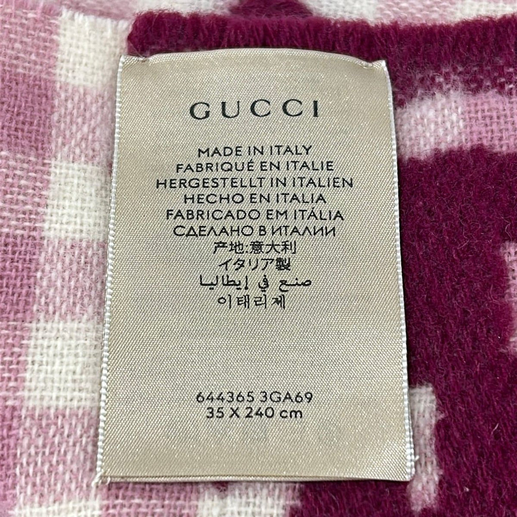 Gucci Shawl Light Pink Ivory Bordeaux Plaid GG Pattern Wool Scarf — view 4