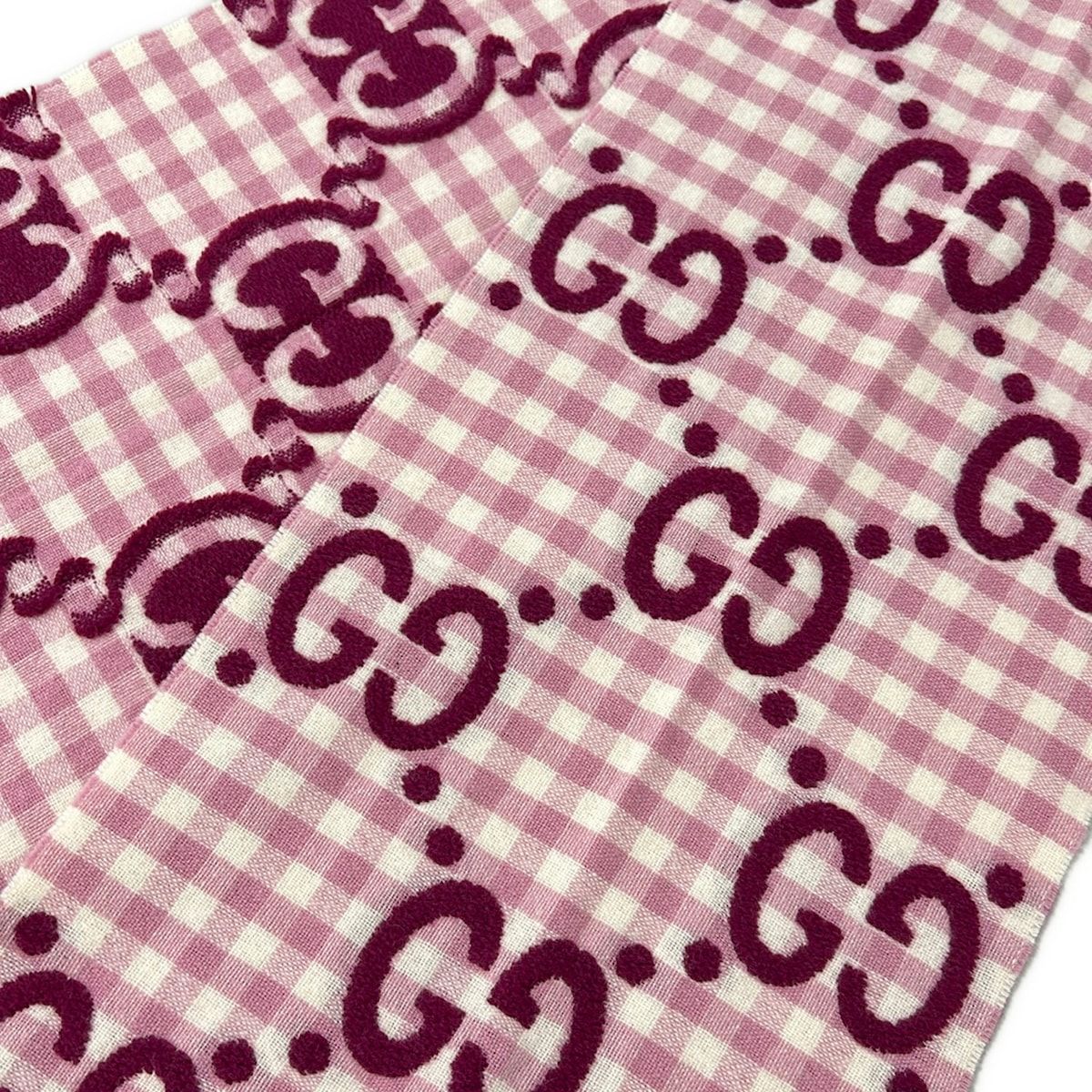 Gucci Shawl Light Pink Ivory Bordeaux Plaid GG Pattern Wool Scarf — view 5