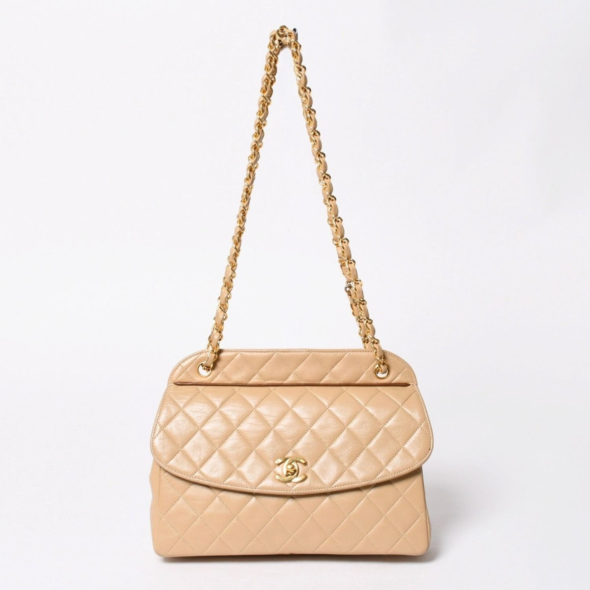 Chanel Quilted CC Logo Diana Flap Chain Shoulder Bag Beige Gold Lambskin
