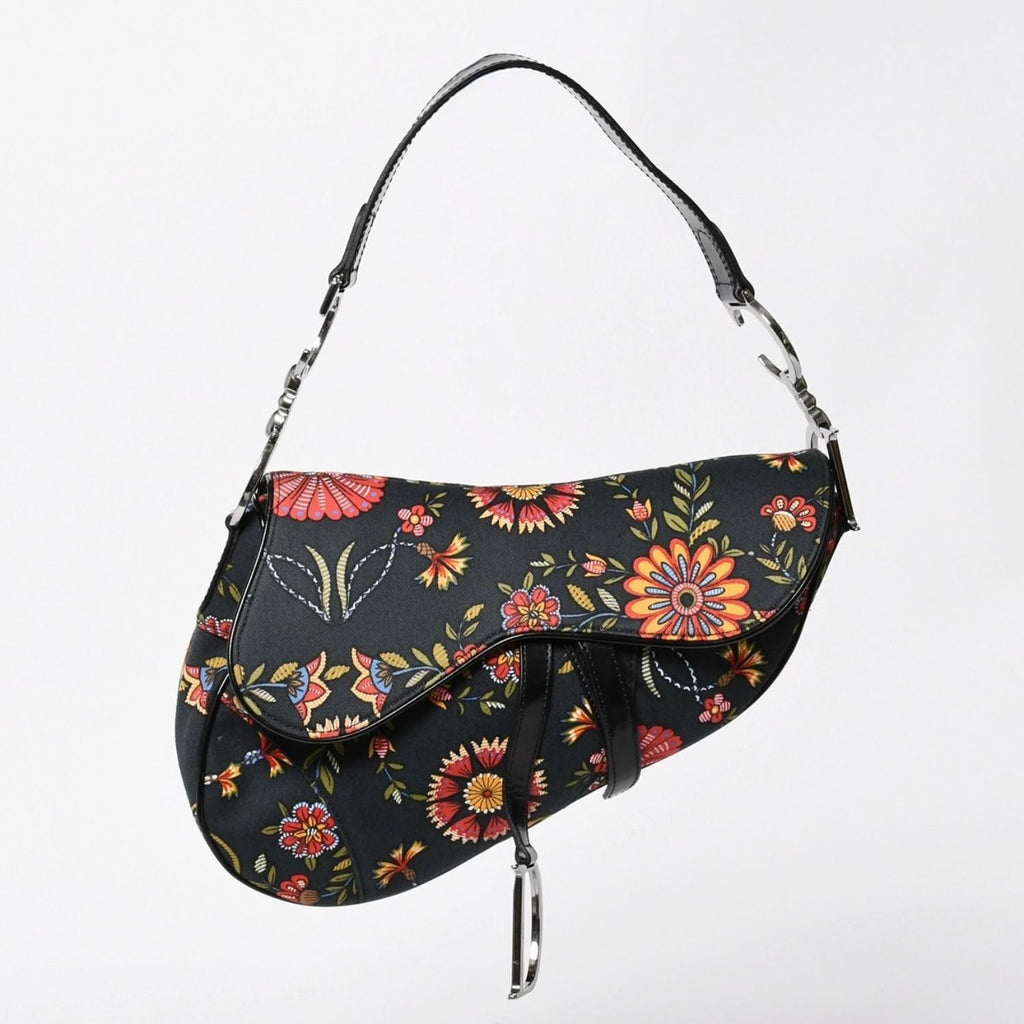 Dior Galliano Era Saddle Bag Canvas Leather Navy Black Multicolor Floral Pattern