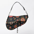 Dior Galliano Era Saddle Bag Canvas Leather Navy Black Multicolor Floral Pattern