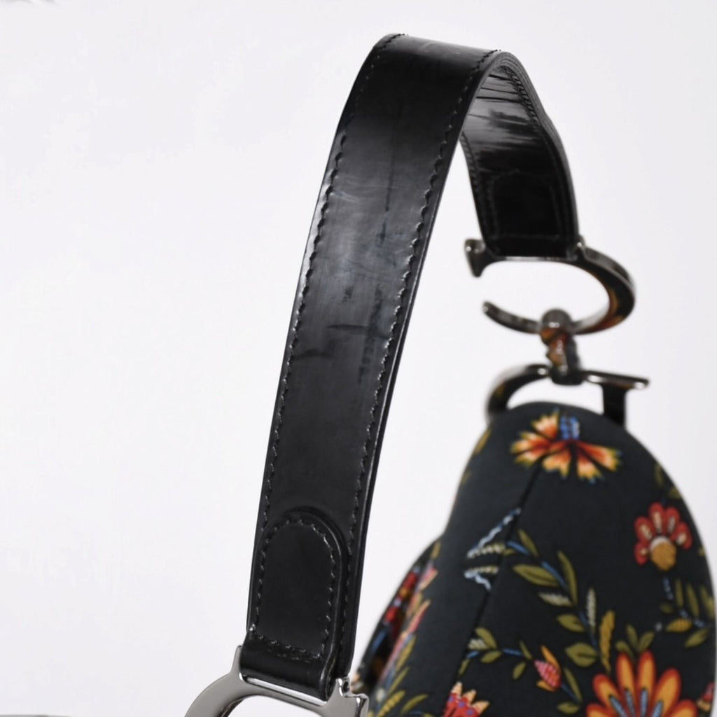 Dior Galliano Era Saddle Bag Canvas Leather Navy Black Multicolor Floral Pattern — view 5