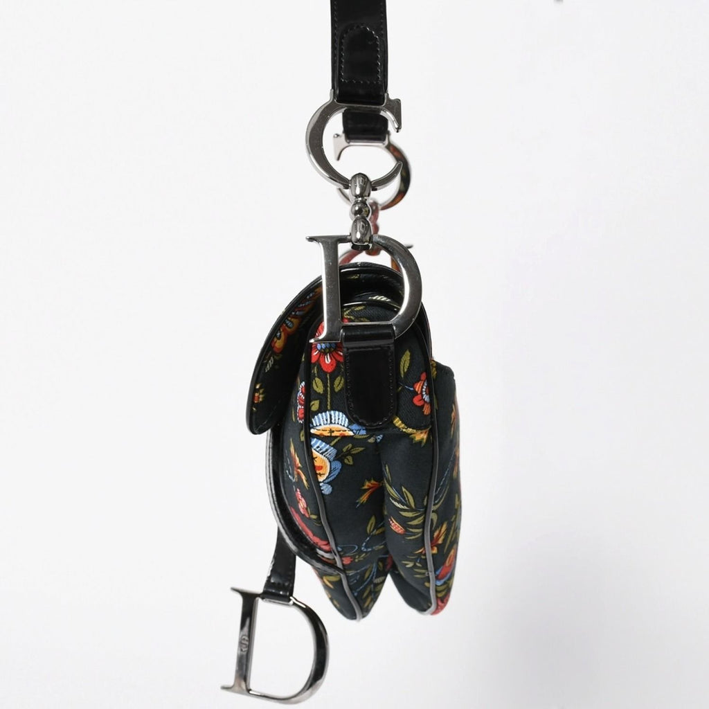 Dior Galliano Era Saddle Bag Canvas Leather Navy Black Multicolor Floral Pattern — view 4