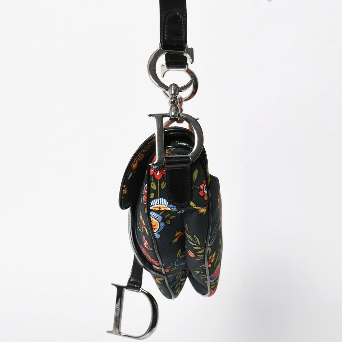 Dior Galliano Era Saddle Bag Canvas Leather Navy Black Multicolor Floral Pattern — view 4