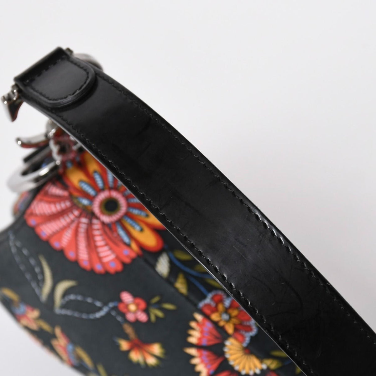Dior Galliano Era Saddle Bag Canvas Leather Navy Black Multicolor Floral Pattern — view 6