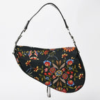 Dior Galliano Era Saddle Bag Canvas Leather Navy Black Multicolor Floral Pattern — view 2