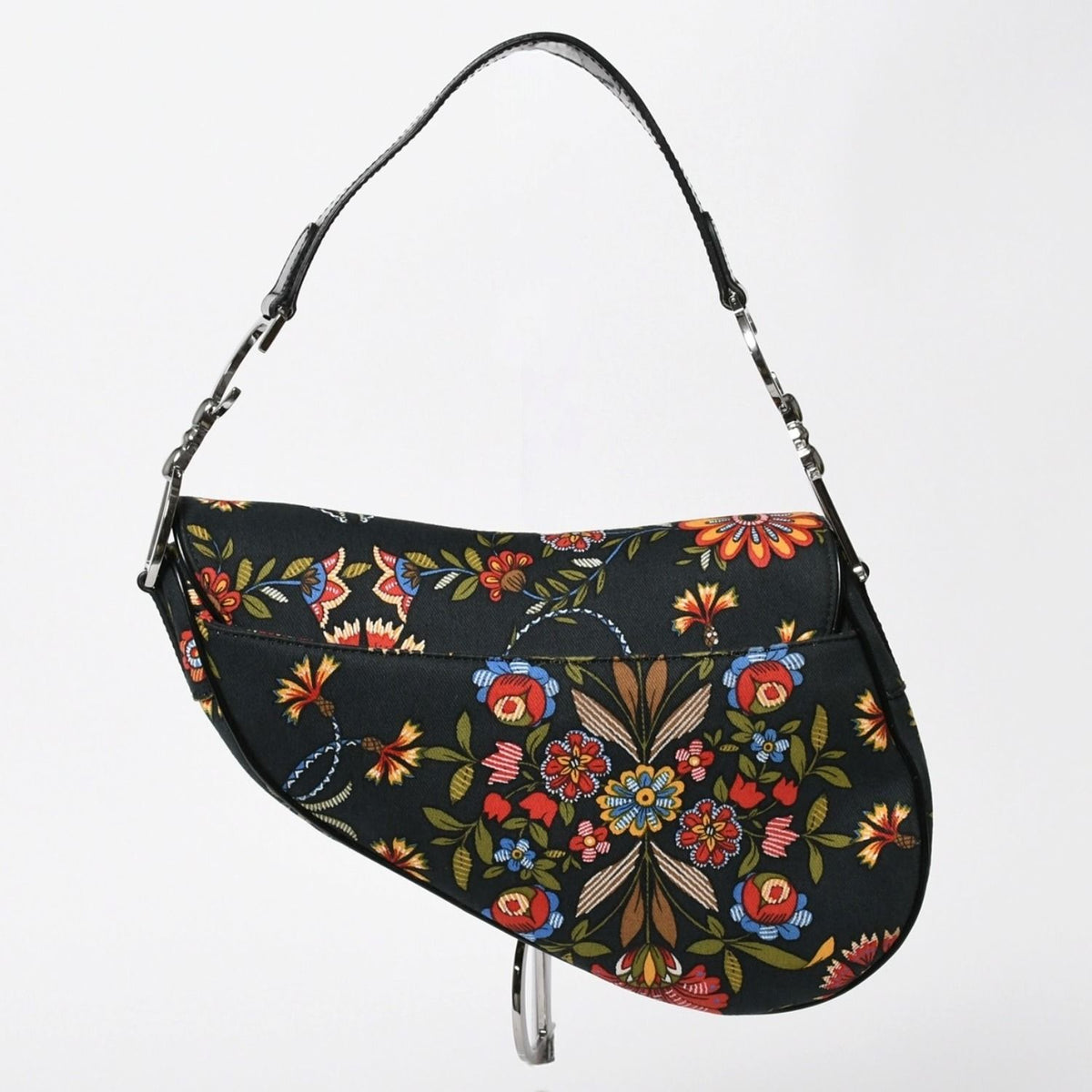 Dior Galliano Era Saddle Bag Canvas Leather Navy Black Multicolor Floral Pattern — view 2