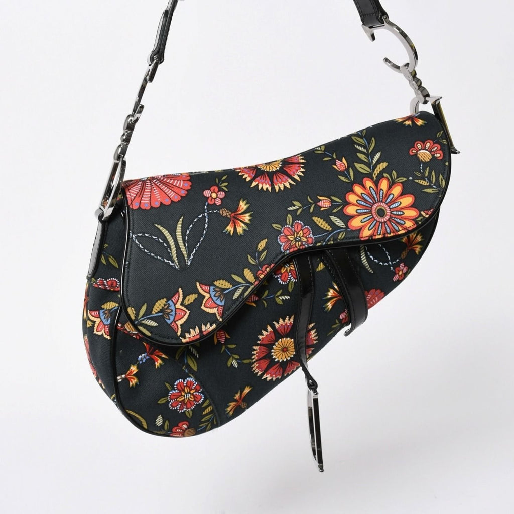 Dior Galliano Era Saddle Bag Canvas Leather Navy Black Multicolor Floral Pattern — view 3