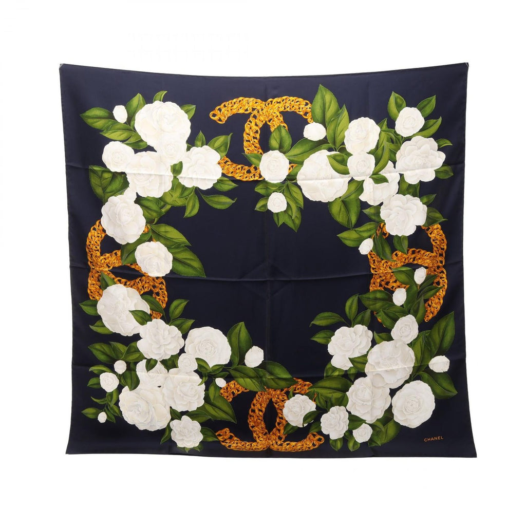 Chanel Scarf CC Logo Camellia Black Silk