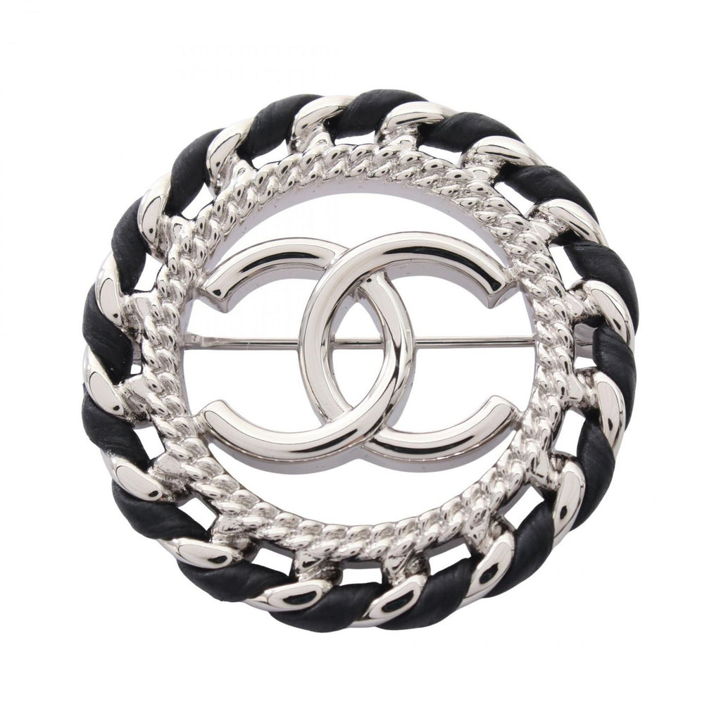 Chanel Brooch CC Logo Circle Black Leather