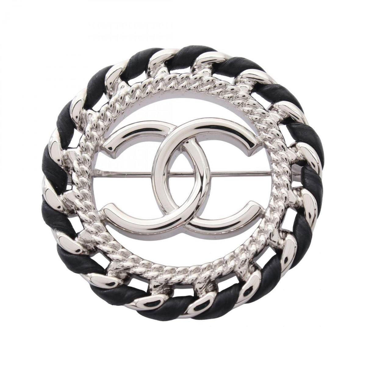 Chanel Brooch CC Logo Circle Black Leather