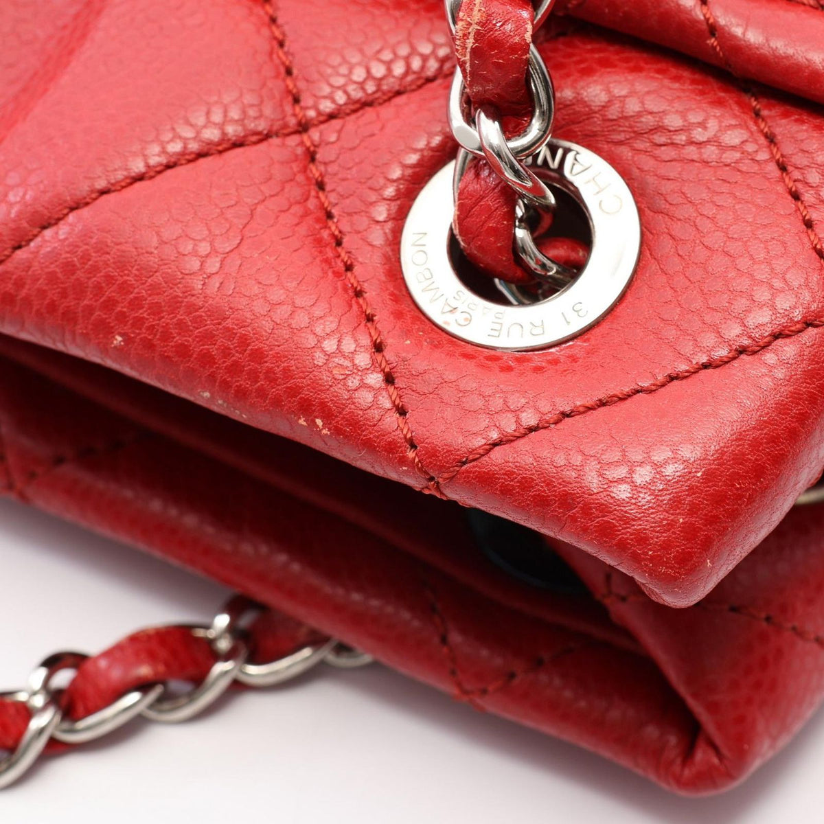 Chanel Tote Bag Quilted Red Caviar Leather CC Logo Chain — view 6