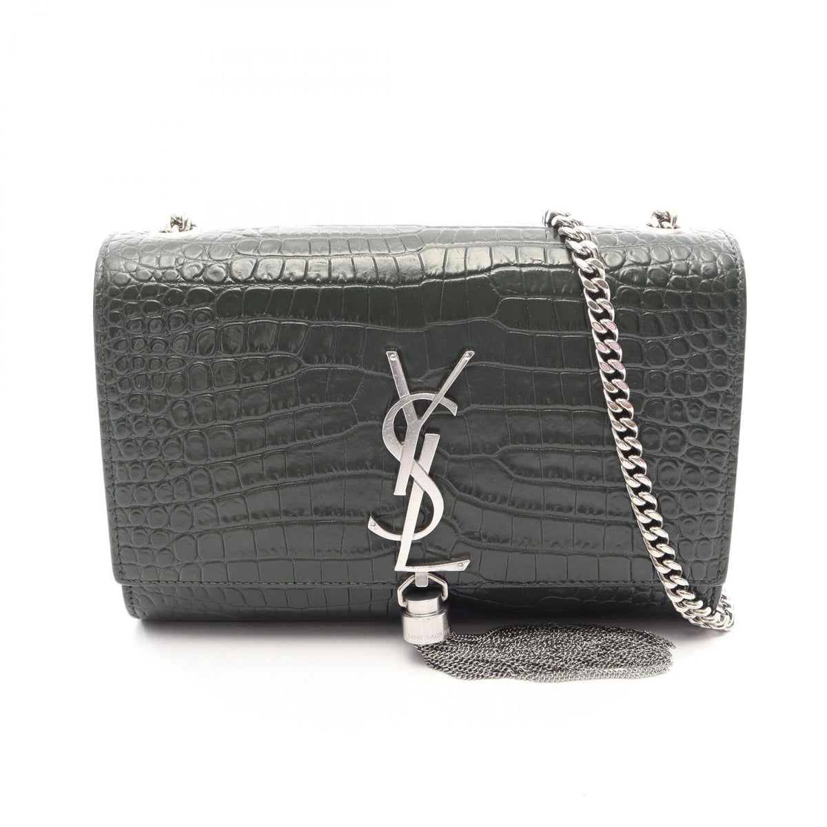 Saint Laurent Paris Shoulder Bag Kate Small Croco Embossed Dark Green Leather