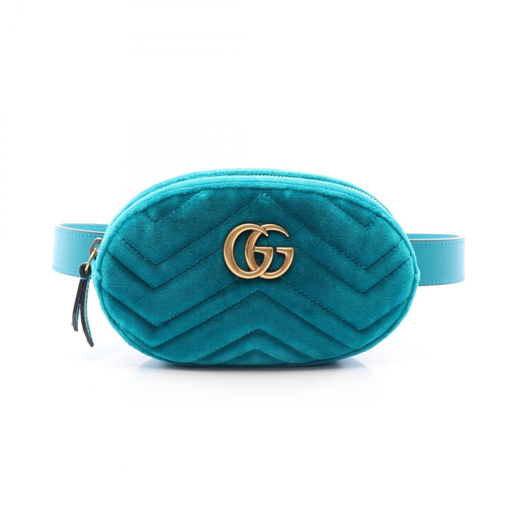 Gucci Waist Bag GG Marmont Turquoise Blue Fabric Leather Matelasse