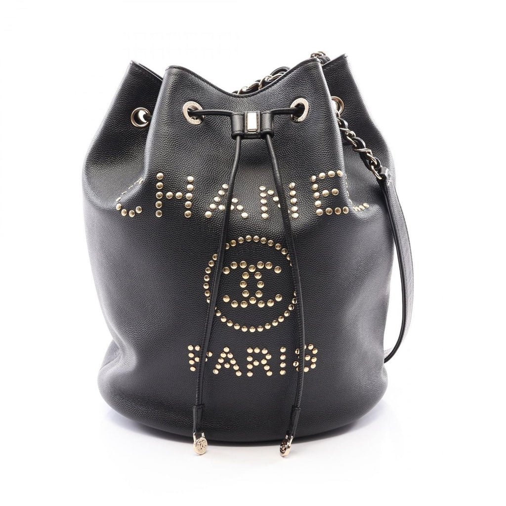 Chanel Shoulder Bag Deauville Drawstring Black Caviar Leather Logo Studs
