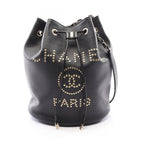 Chanel Shoulder Bag Deauville Drawstring Black Caviar Leather Logo Studs