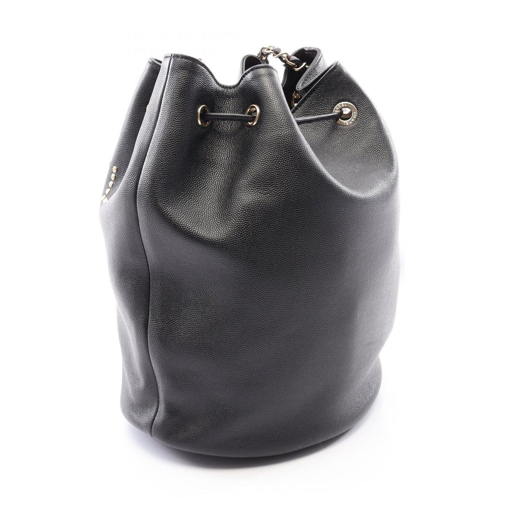 Chanel Shoulder Bag Deauville Drawstring Black Caviar Leather Logo Studs — view 2