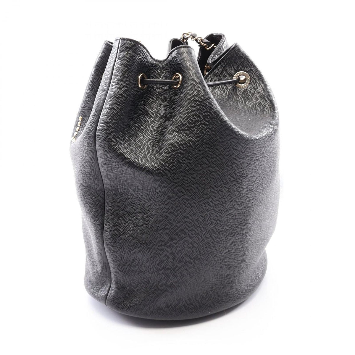 Chanel Shoulder Bag Deauville Drawstring Black Caviar Leather Logo Studs — view 2