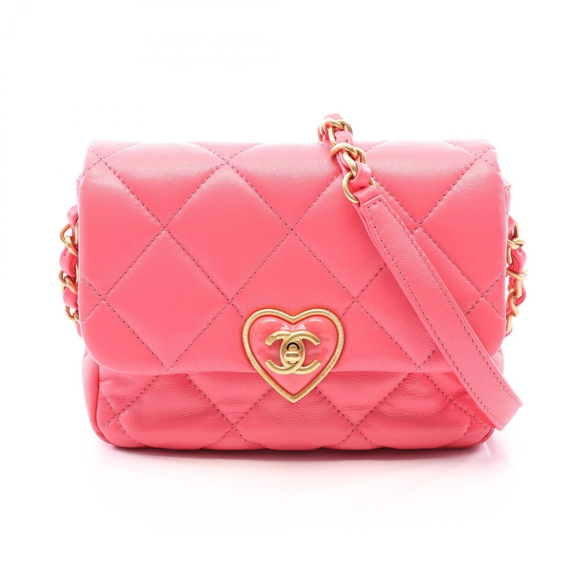 Chanel Shoulder Bag Quilted Heart Lock Fuchsia Pink Lambskin Chain