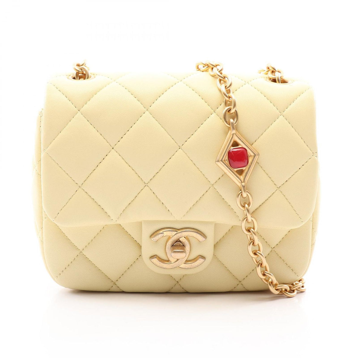 Chanel Shoulder Bag Mini Quilted Pastel Yellow Lambskin Heart Chain