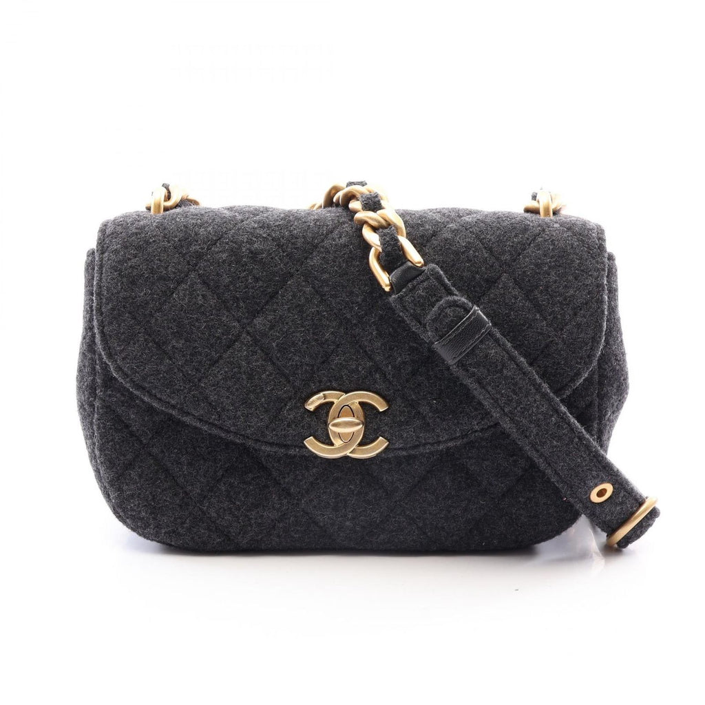 Chanel Shoulder Bag Quilted Gray Round Flap Chain
