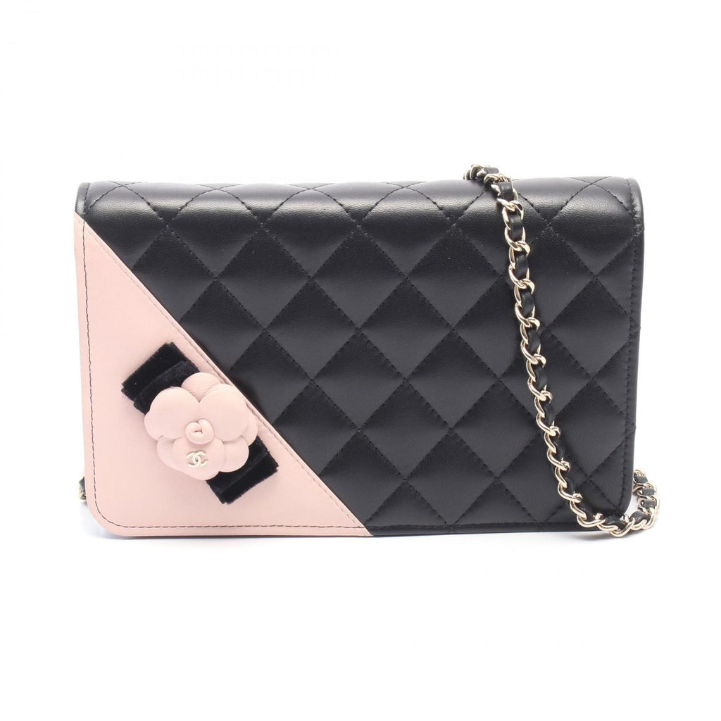 Chanel Shoulder Bag Quilted Camellia Ribbon Black Light Pink Lambskin Chain
