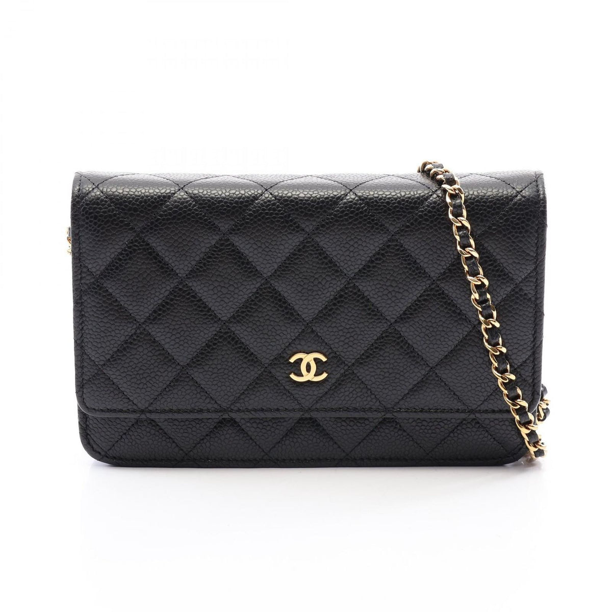 Chanel Shoulder Bag Quilted Black Caviar Leather Chain Wallet