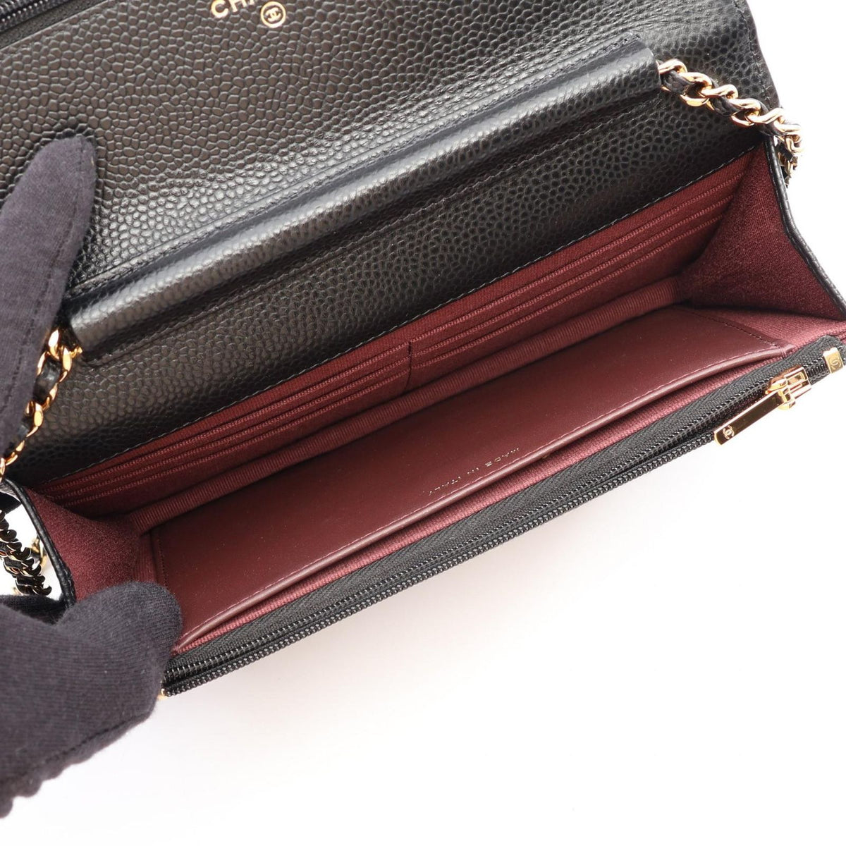Chanel Shoulder Bag Quilted Black Caviar Leather Chain Wallet — view 3