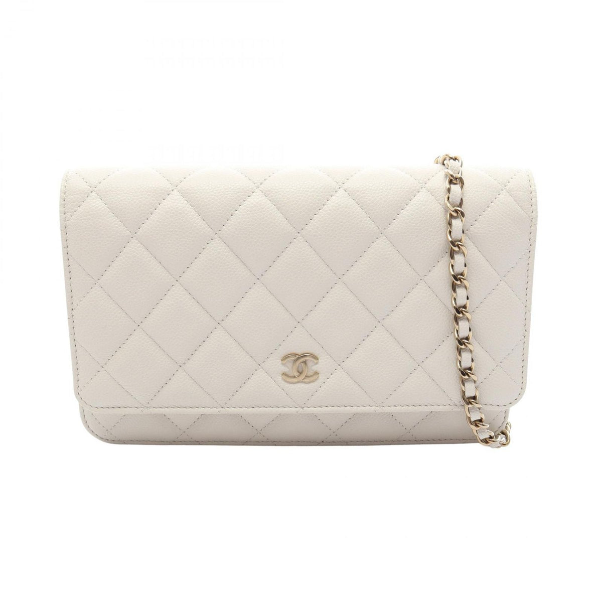 Chanel Shoulder Bag Quilted White Caviar Leather Chain Wallet