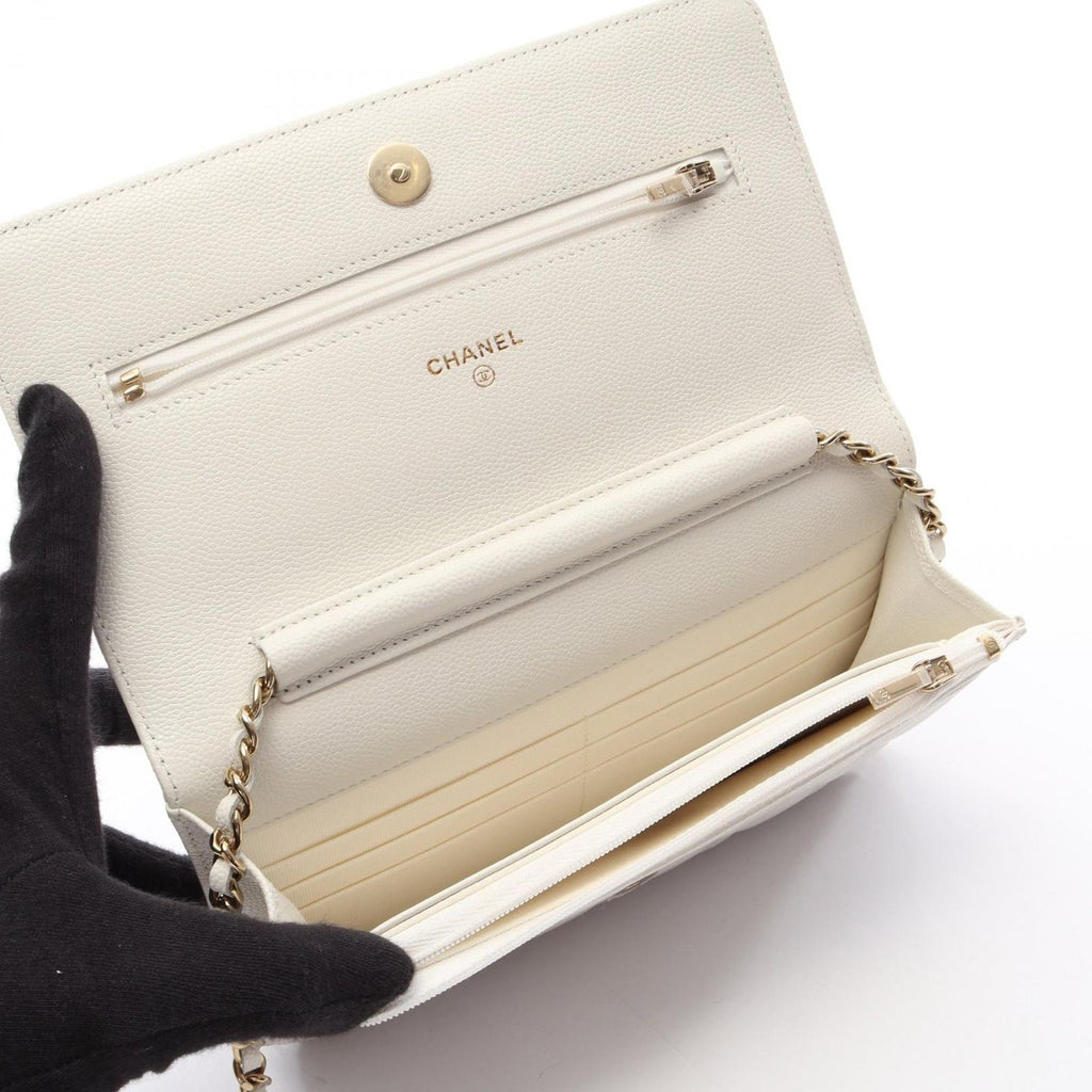 Chanel Shoulder Bag Quilted White Caviar Leather Chain Wallet — view 3