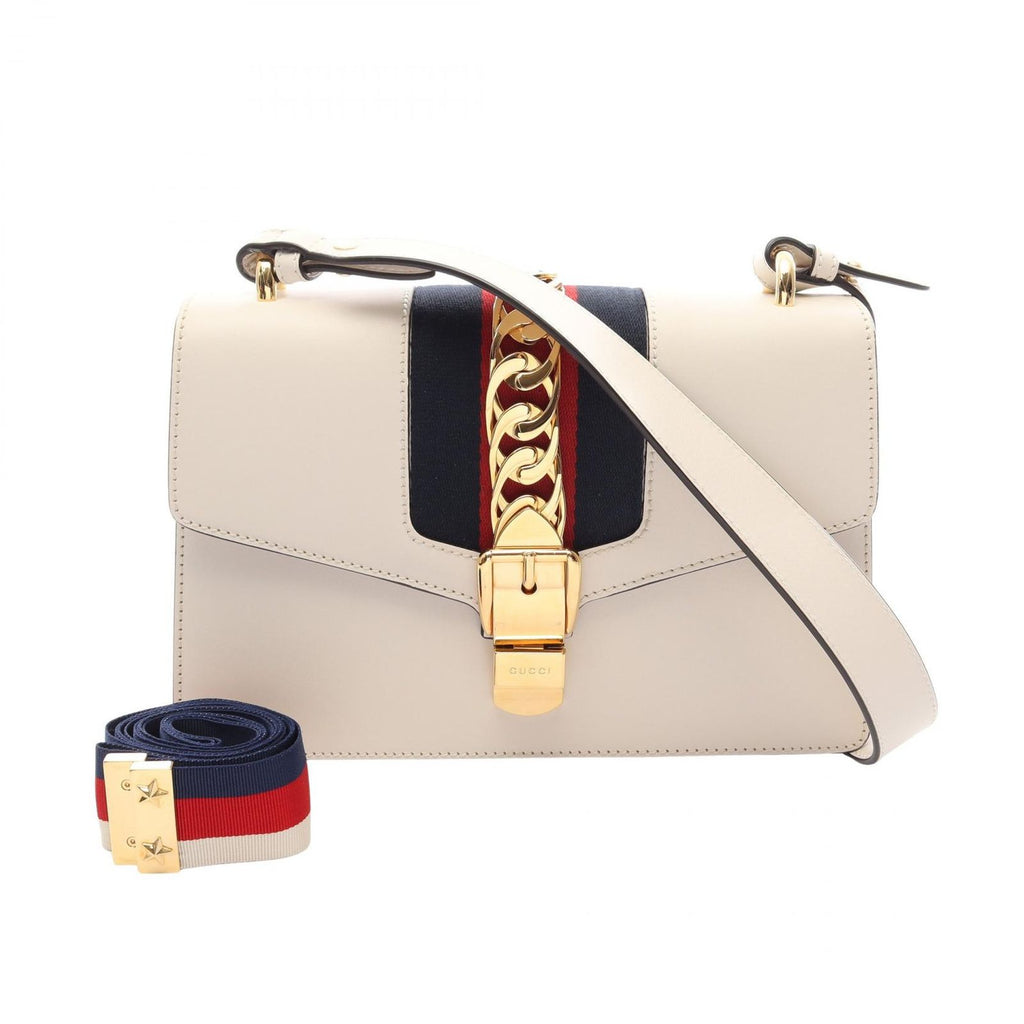Gucci Shoulder Bag Sylvie Small Web Line 2-Way White Navy Red Leather
