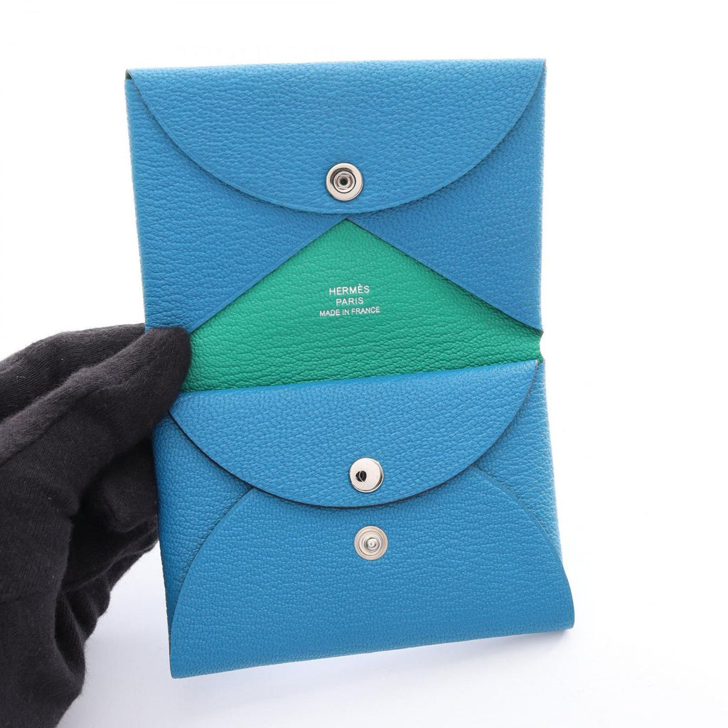 Hermes Coin Purse Calvi Duo Verso Blue Zanzibar Mint — view 3