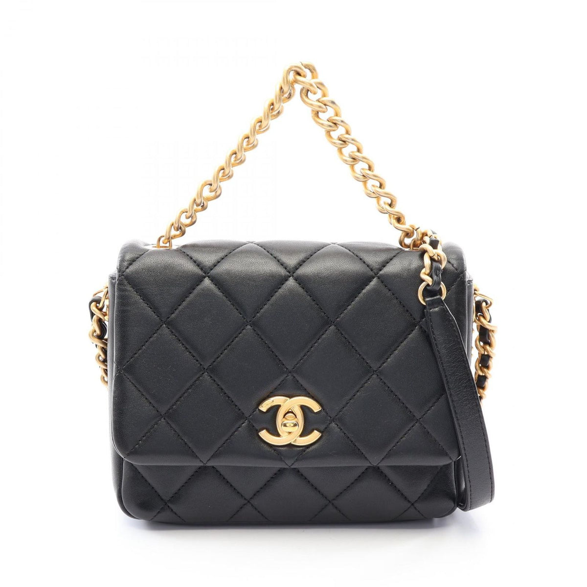 Chanel Shoulder Bag Quilted 2-Way Black Lambskin Small Flap Chain