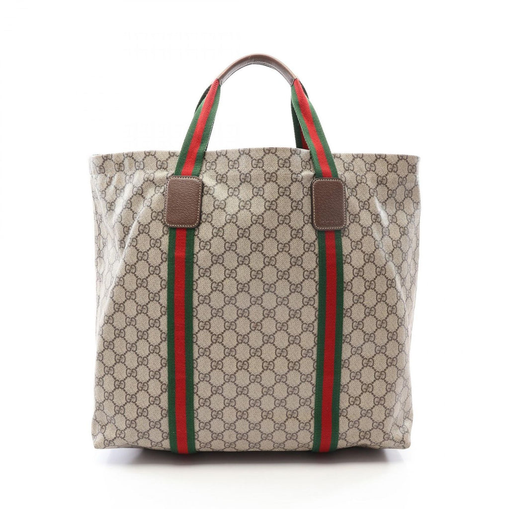 Gucci Tote Bag GG Supreme Sherry Line Beige Brown Green Leather Tender Medium