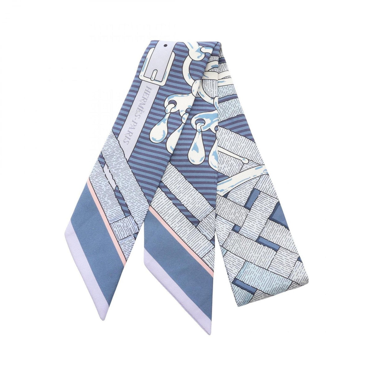 Hermes Scarf Twilly Mors a Jouets Chemise Ribbon Blue Silk