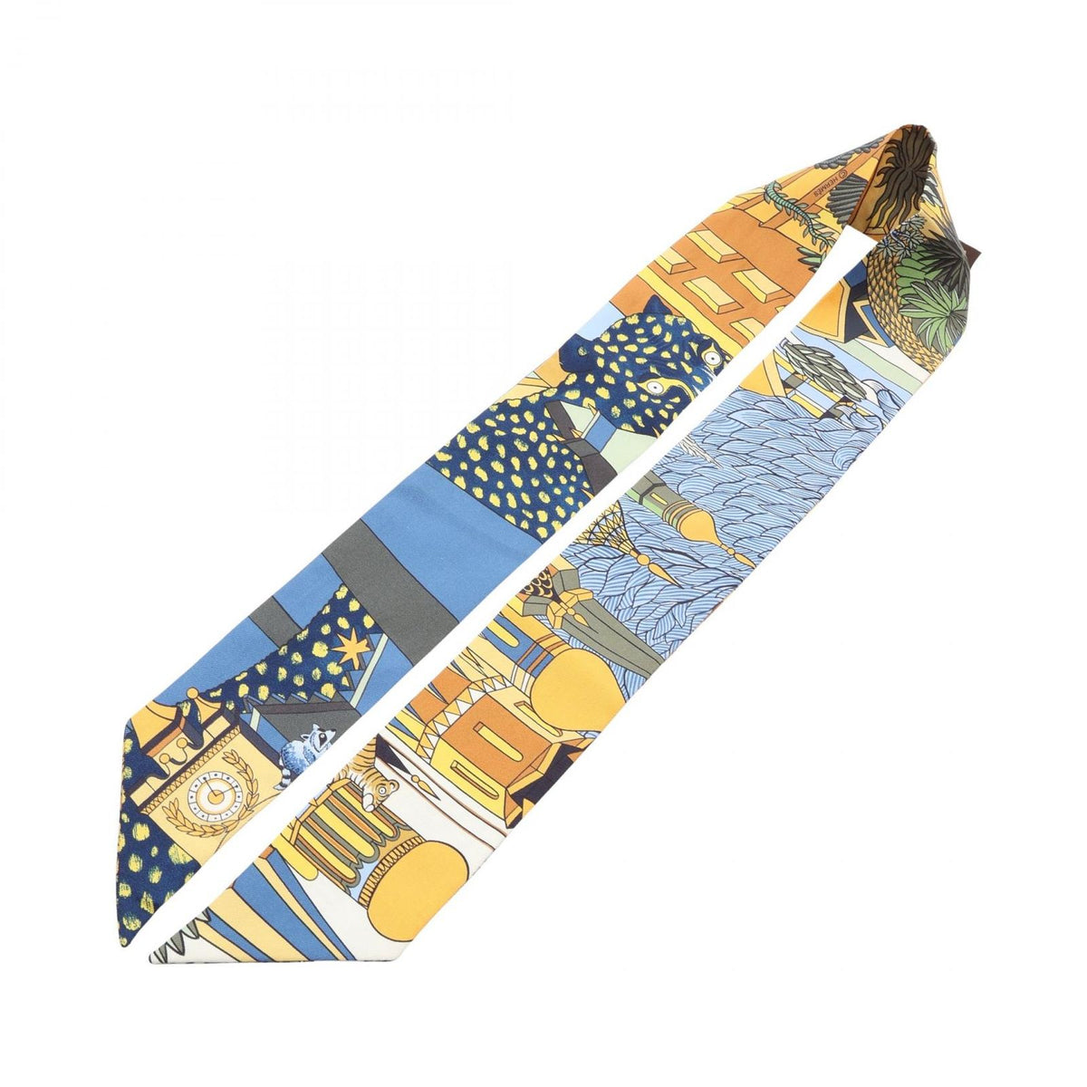 Hermes Scarf Twilly Animapolis Ribbon Blue Yellow Silk — view 3