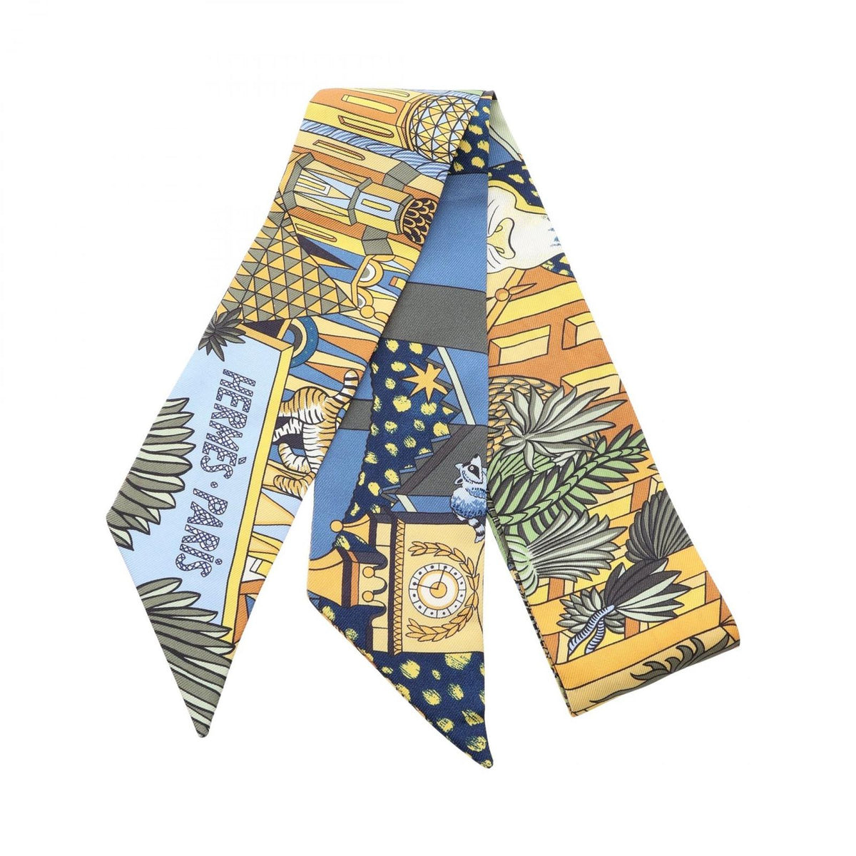 Hermes Scarf Twilly Animapolis Ribbon Blue Yellow Silk