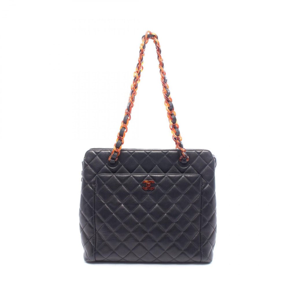 Chanel Tote Bag Quilted Plastic Black Tortoiseshell Lambskin Chain