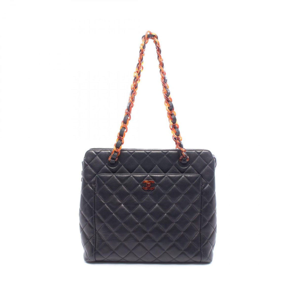 Chanel Tote Bag Quilted Plastic Black Tortoiseshell Lambskin Chain