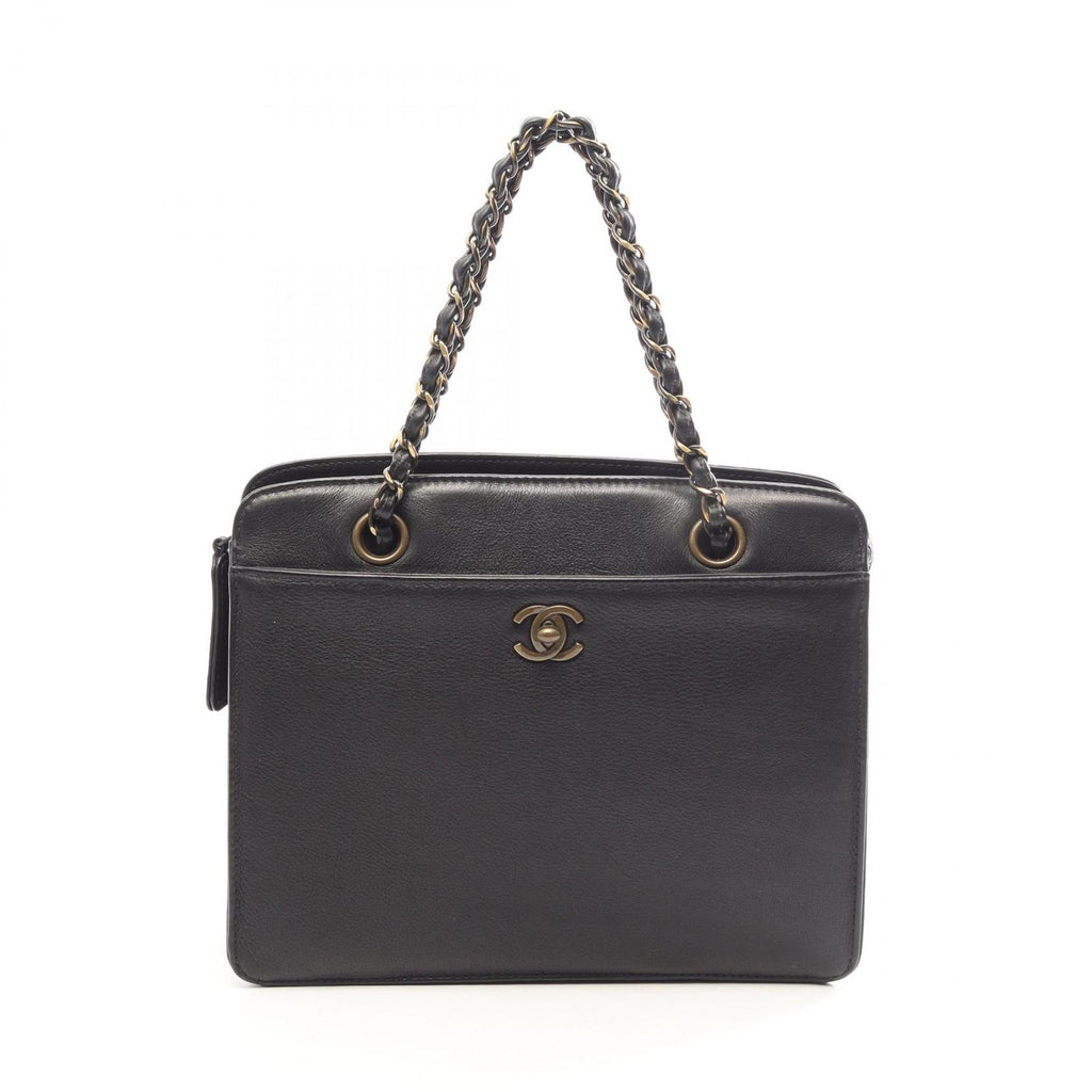 Chanel Handbag CC Logo Antique Gold Black Leather Chain Hand