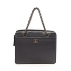 Chanel Handbag CC Logo Antique Gold Black Leather Chain Hand