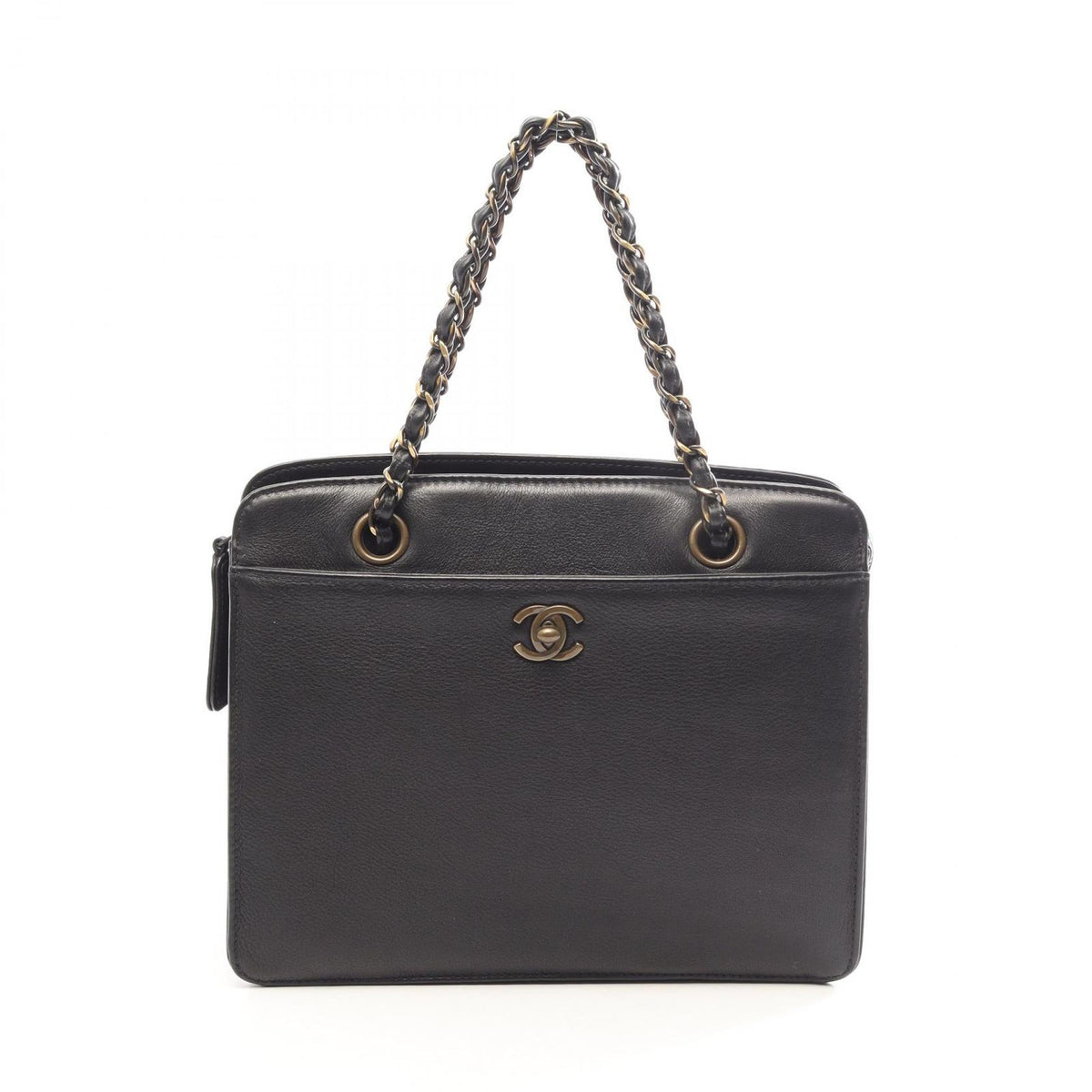Chanel Handbag CC Logo Antique Gold Black Leather Chain Hand