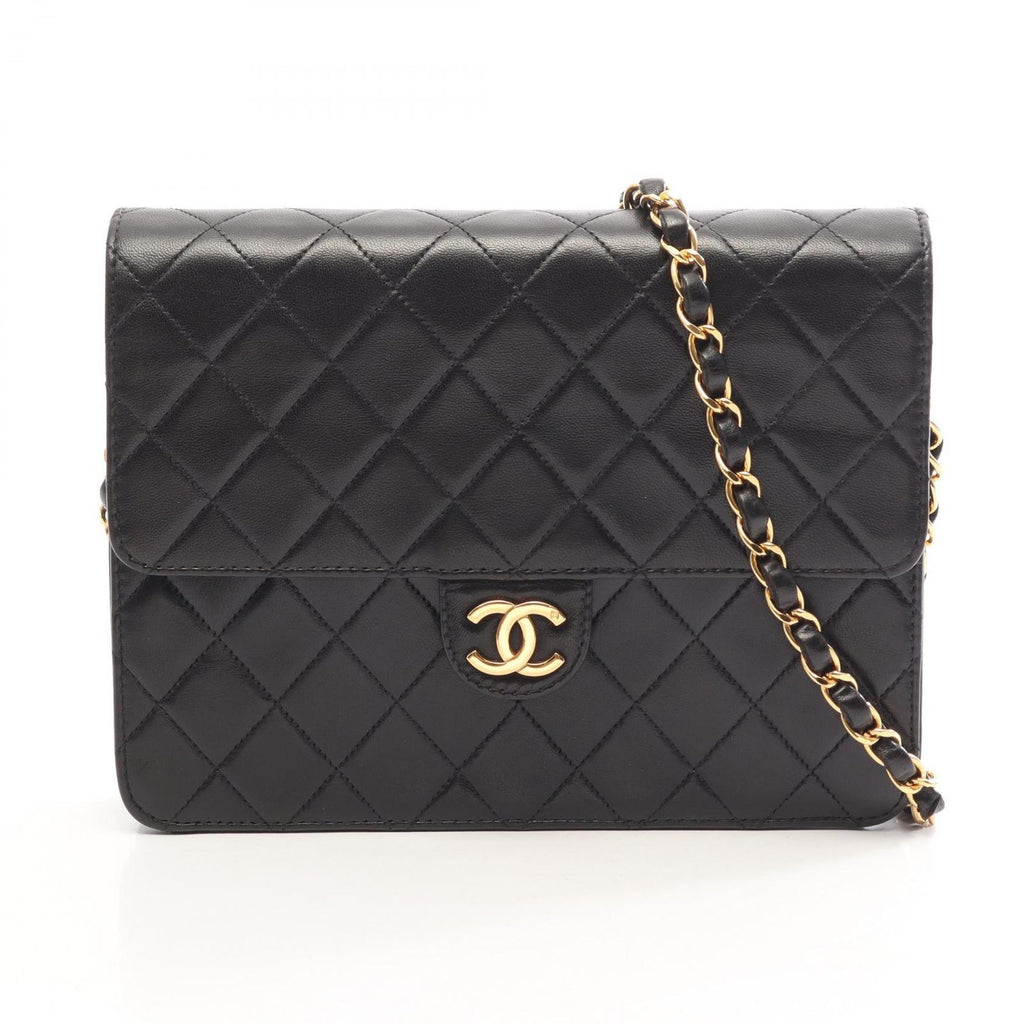 Chanel Shoulder Bag Quilted Single Flap Push Lock Black Lambskin Chain